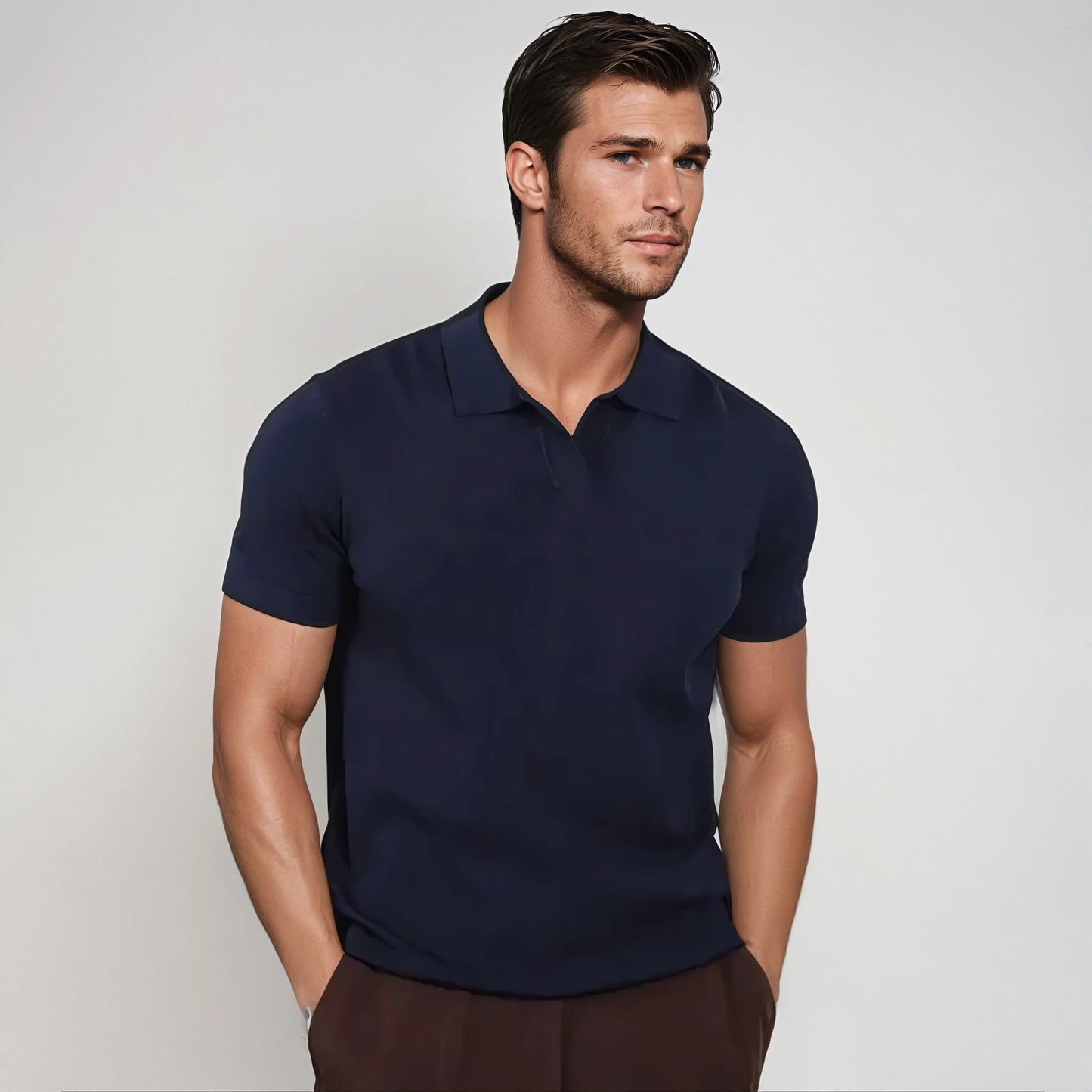 Men's Polo Shirt Without Buttons - Navy Blue Stylish Design
