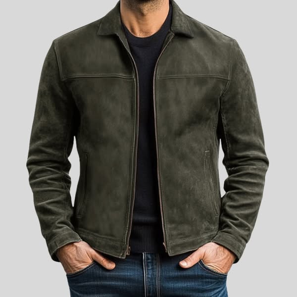 Men's Vintage Leather Jacket with Zipper Closure and Pockets