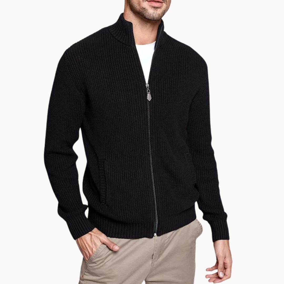Men's Zip Neck Sweater with Horizontal Ribbed Texture