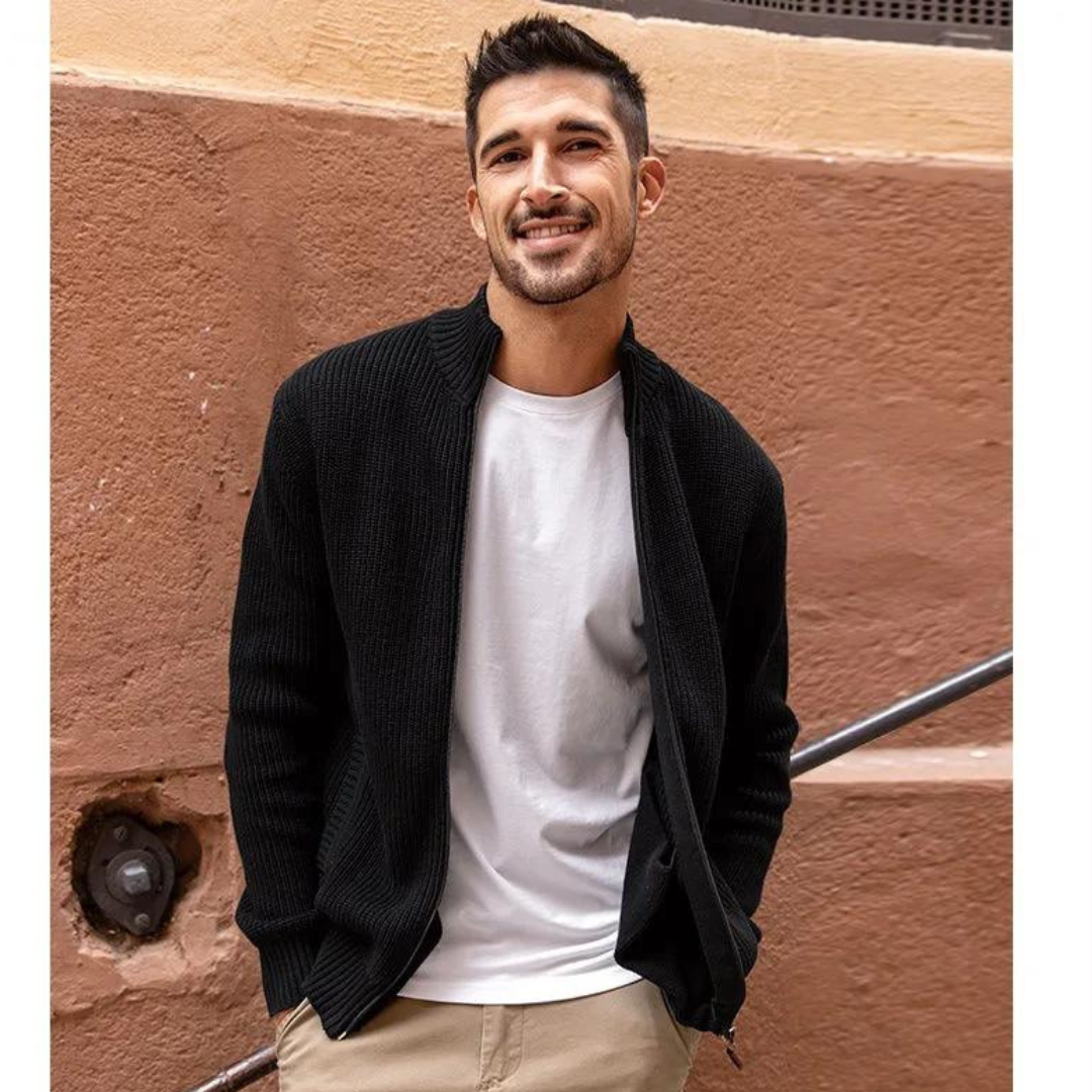 Men's Zip Neck Sweater with Horizontal Ribbed Texture