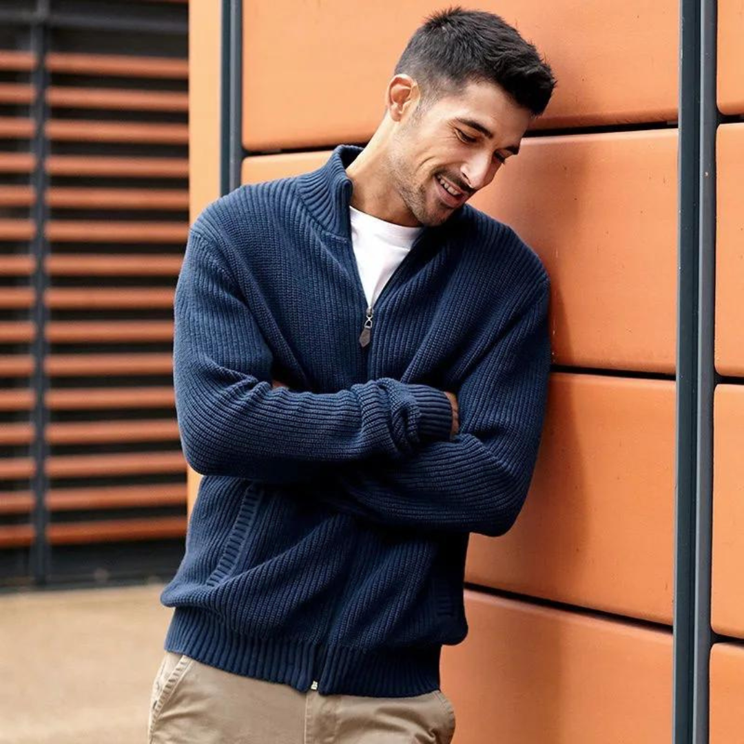 Men's Zip Neck Sweater with Horizontal Ribbed Texture