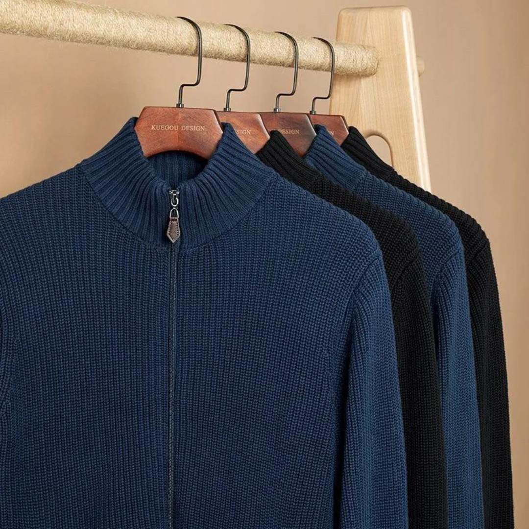 Men's Zip Neck Sweater with Horizontal Ribbed Texture