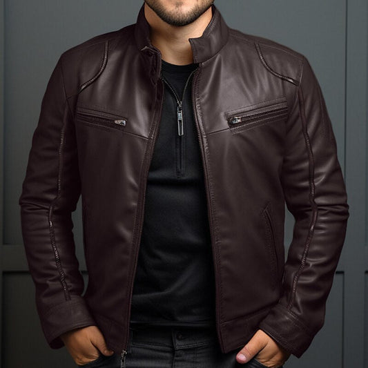 Men's Vintage Leather Jacket with Zipper Closure and Pockets