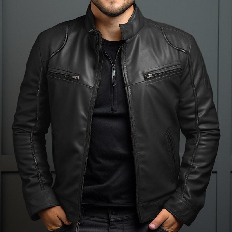Men's Vintage Leather Jacket with Zipper Closure and Pockets