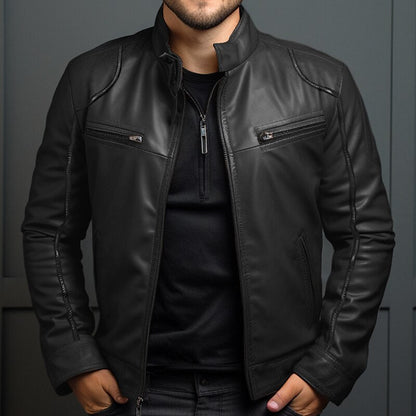 Men's Vintage Leather Jacket with Zipper Closure and Pockets