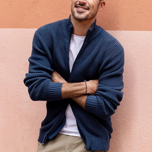 Men's Zip Neck Sweater with Horizontal Ribbed Texture