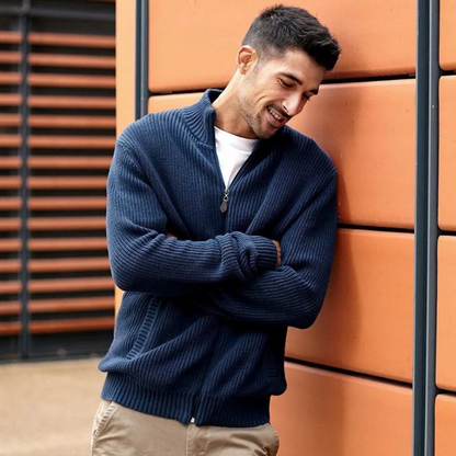 Men's Zip Neck Sweater with Horizontal Ribbed Texture