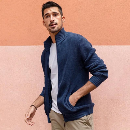 Men's Zip Neck Sweater with Horizontal Ribbed Texture