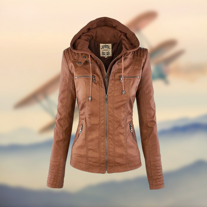 Women's Leather Jacket with Hood - Stylish Casual Outerwear