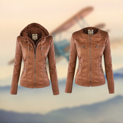 Women's Leather Jacket with Hood - Stylish Casual Outerwear