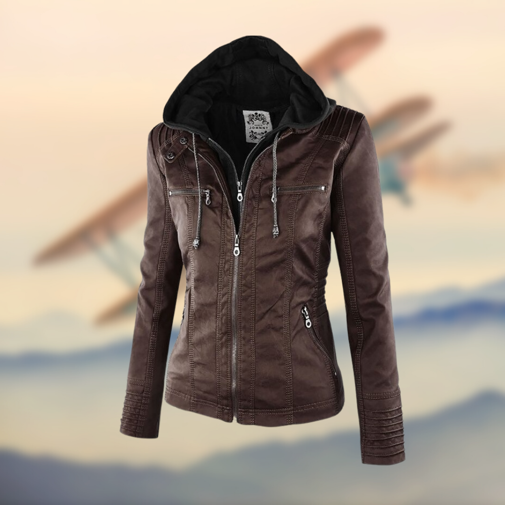Women's Leather Jacket with Hood - Stylish Casual Outerwear