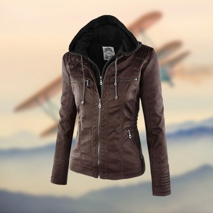 Women's Leather Jacket with Hood - Stylish Casual Outerwear