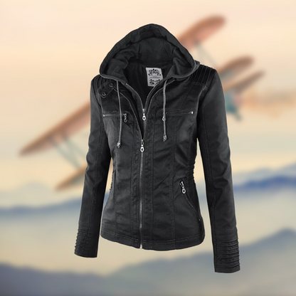 Women's Leather Jacket with Hood - Stylish Casual Outerwear